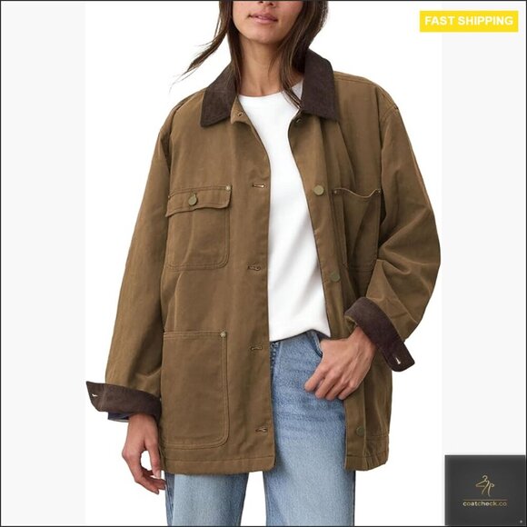 Jackets & Blazers - Oversized Utility Barn Jacket with Corduroy Collar and Pockets